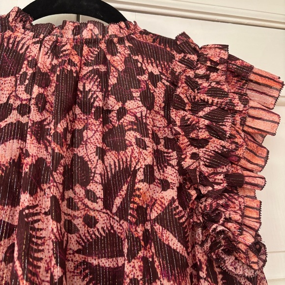 Ulla Johnson Dira Top Bordeaux Metallic Ruffle Size 6 Flutter Sleeve Tassel Tie - Picture 15 of 17